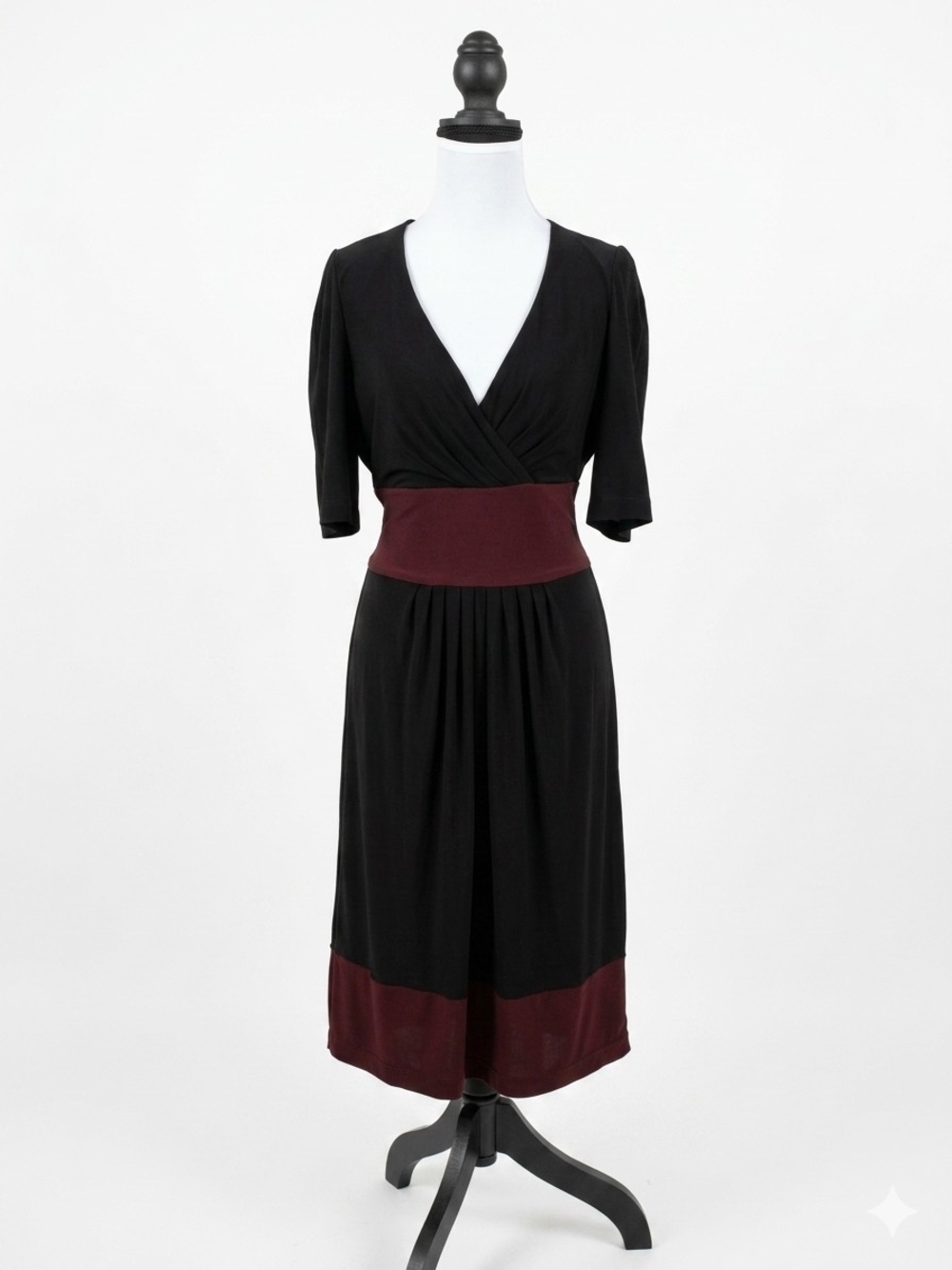 Jones New York Dress Sz 12 Black Burgundy V-Neck Faux Wrap Career Midi Sheath